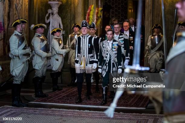 Royal guards arrive at a gala dinner hosted by the Swedish royal family in connection with the state visit from the Italian president at the...