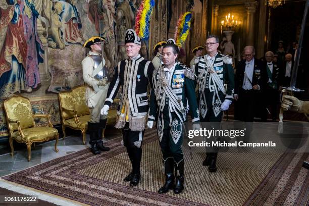 Royal guards arrive at a gala dinner hosted by the Swedish royal family in connection with the state visit from the Italian president at the...