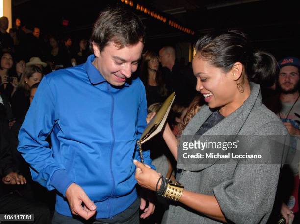 Jimmy Fallon and Rosario Dawson during Olympus Fashion Week Spring 2007 - Y-3 - Front Row at Pier 40 in New York City, New York, United States.