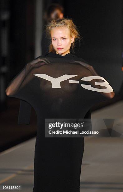 Model Wearing Y-3 Spring 2007 during Olympus Fashion Week Spring 2007 - Y-3 - Front Row at Pier 40 in New York City, New York, United States.