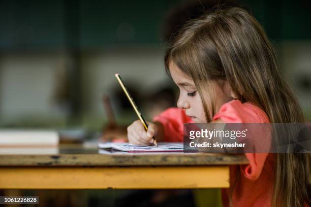 schoolgirl writing a dictation during a class in elementary school. - workbook stock pictures, royalty-free photos & images