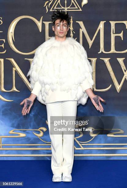 Ezra Miller attends the UK Premiere of "Fantastic Beasts: The Crimes Of Grindelwald" at Cineworld Leicester Square on November 13, 2018 in London,...