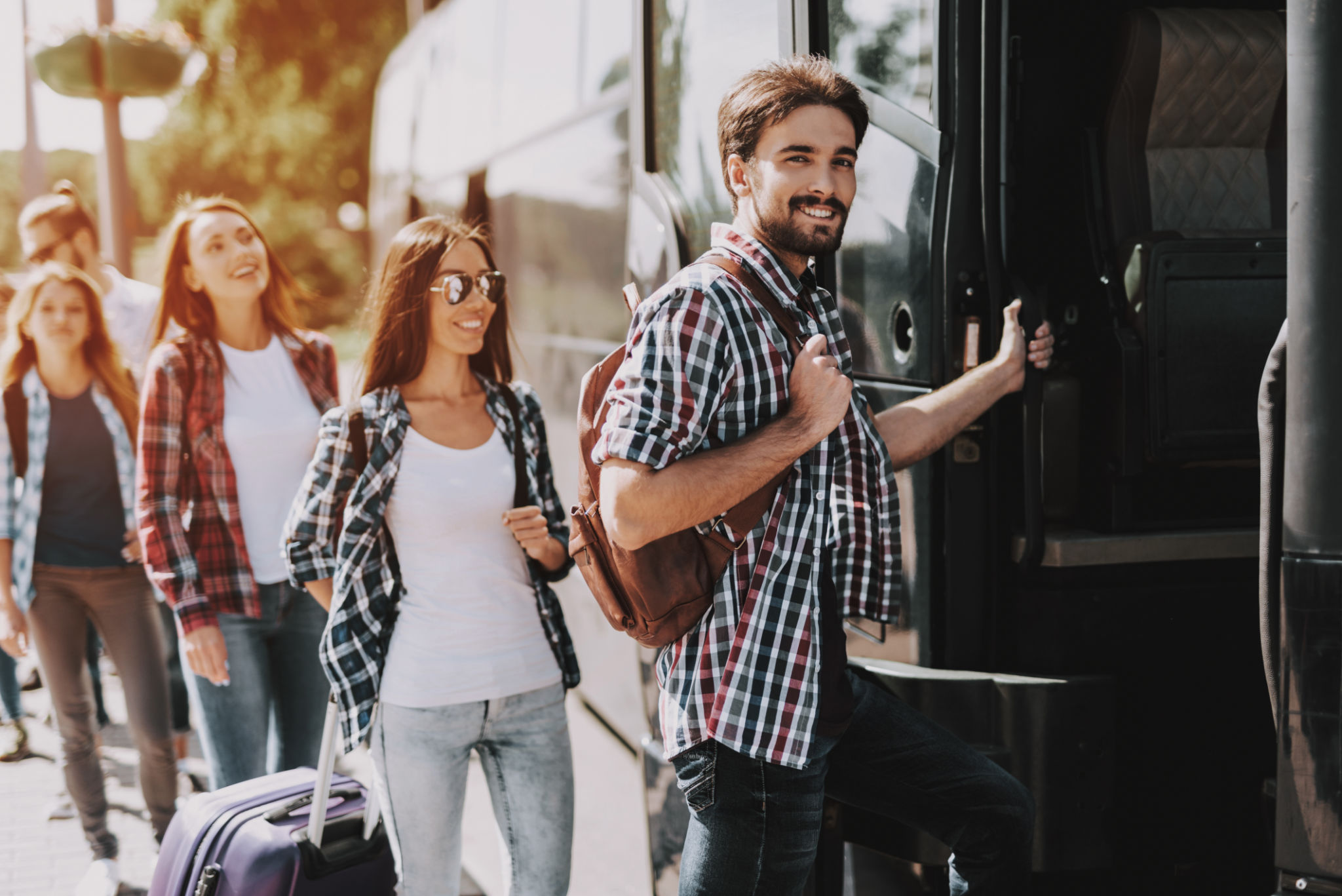 happy bus travelers