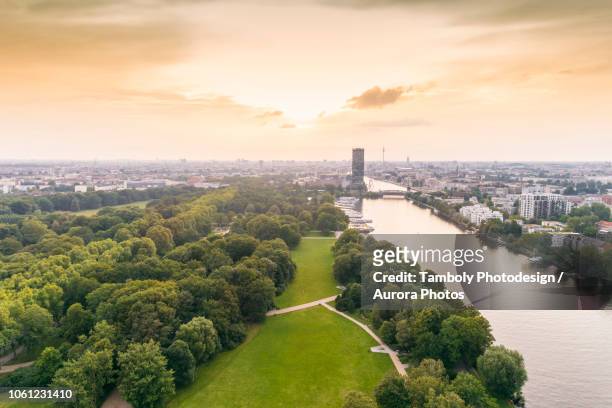 berlin treptower park with city skyline on background, berlin, germany - berlin luftaufnahme stock-fotos und bilder