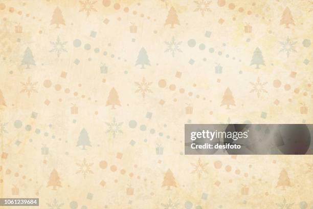 vector illustration of a christmas background in vintage colours, beige, pale blue and dull red christmas elements like snowflakes , small trees, wrapped up gift boxes, stars and candies - neutral holiday background stock illustrations