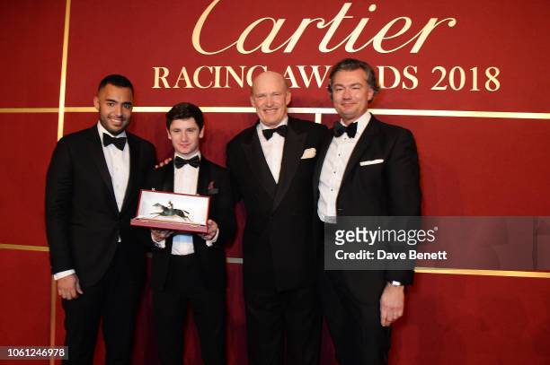 Sheikh Fahad Al Thani, Oisin Murphy, John Gosden accept the Horse Of The Year award from Laurent Feniou on behalf of Roaring Lion at the 2018 Cartier...