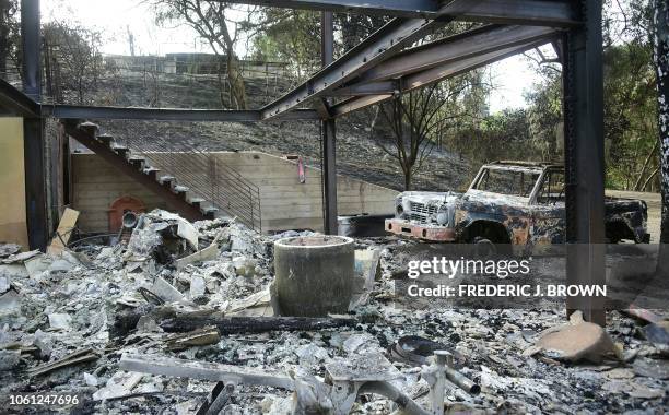 The house belonging to actor Gerard Butler, destroyed by the Woolsey Fire, is seen in Malibu, California on November 13, 2018 as residents remain...