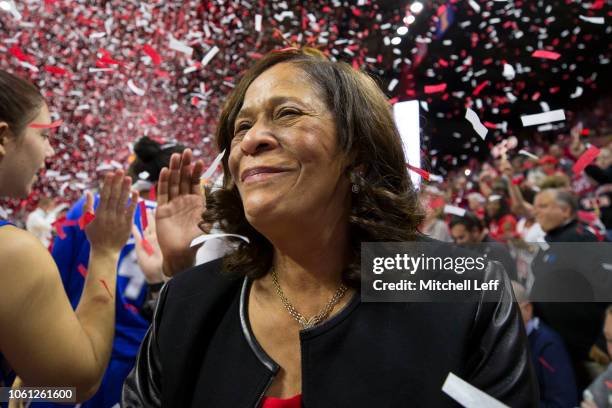 Head coach C. Vivian Stringer of the Rutgers Scarlet Knights celebrates her 1,000 career win after defeating the Central Connecticut State Blue...