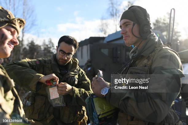 Norwegian engineers mix with members of the Royal Engineers as they eat their lunch during pre-exercise integration training on October 25, 2018 in...
