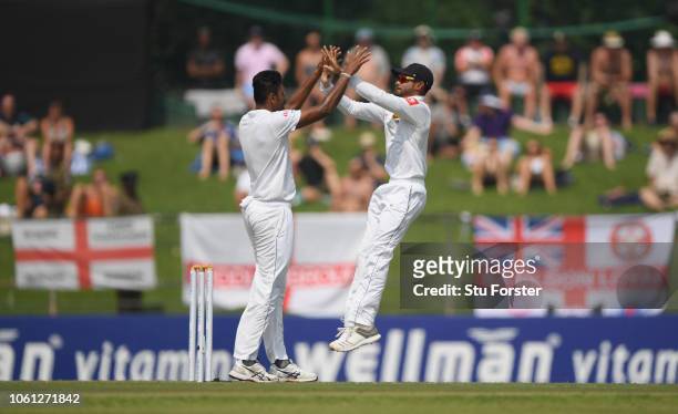 Sri Lanka bowler Suranga Lakmal celebrates after dismissing Keaton Jennings during Day One of the Second Test match between Sri Lanka and England at...
