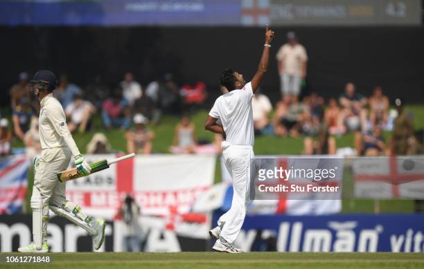Sri Lanka bowler Suranga Lakmal celebrates after dismissing Keaton Jennings during Day One of the Second Test match between Sri Lanka and England at...