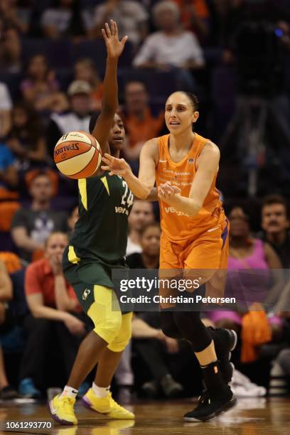 Diana Taurasi of the Phoenix Mercury passes the ball during game three of the WNBA Western Conference Finals against the Phoenix Mercury at Talking...