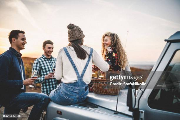 toasting after the harvesting - wine basket stock pictures, royalty-free photos & images