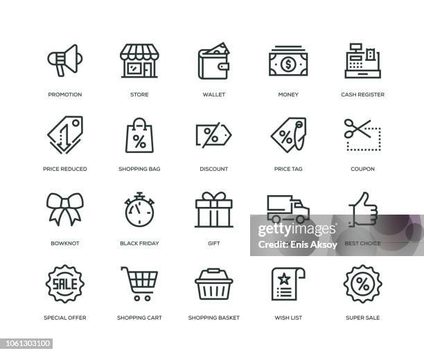 stockillustraties, clipart, cartoons en iconen met black friday icons - line serie - kaarten uitdelen