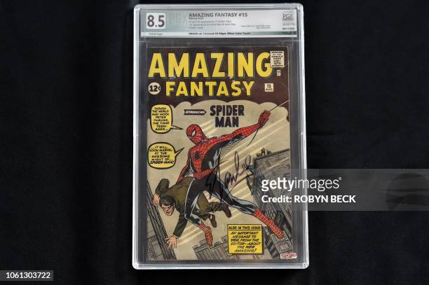 Stan Lee-signed copy of "Amazing Fantasy" comic book, displayed at Julien's Auction House in Beverly Hills, California, on November 13, 2018. -...