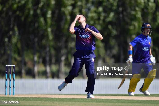 Benjamin Lister of Auckland reacts during the Ford Trophy match between Auckland Aces and Otago Volts on November 14, 2018 in Lincoln, New Zealand.