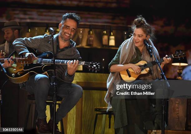 Jorge Drexler and Natalia Lafourcade perform onstage during rehearsals for the 19th annual Latin GRAMMY Awards at MGM Grand Hotel & Casino on...