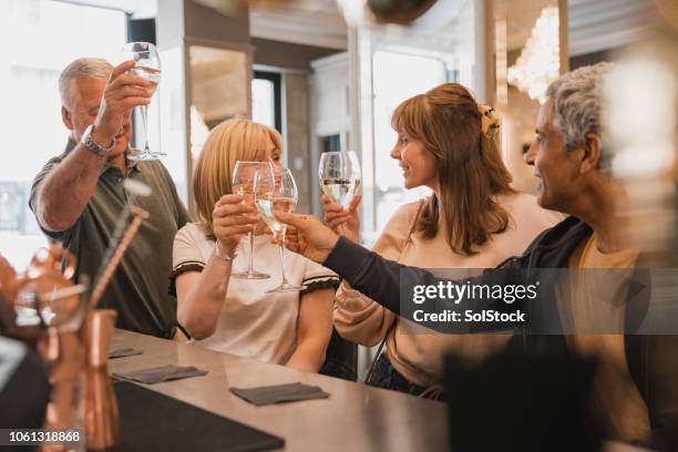 coppie mature che brindano al bar - friends chatting mature foto e immagini stock