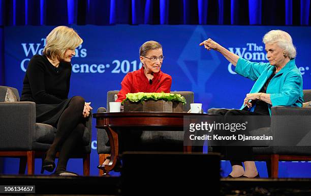 Justice Ruth Bader Ginsburg looks at former justice Sandra Day O'Connor points at her during a discussion with ABC News anchor Diane Sawyer during...