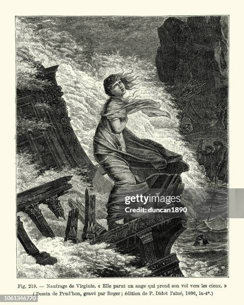 stockillustraties, clipart, cartoons en iconen met naufrage de virginie, jonge vrouw overlevende van een schipbreuk, 1806 - sinking