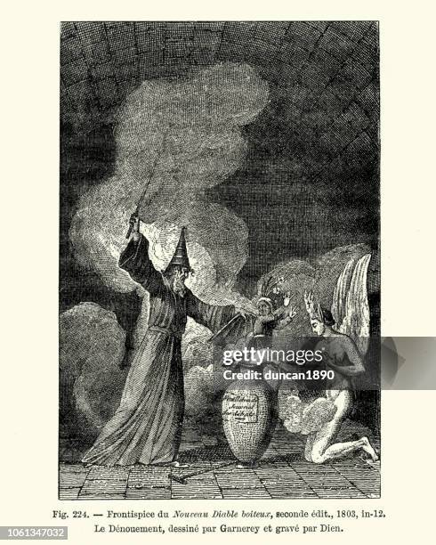 wizard casting spells to summoning devils and demons - wizard stock illustrations
