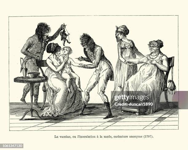 child being given a vaccine by a doctor, late 18th century - archival doctor stock illustrations