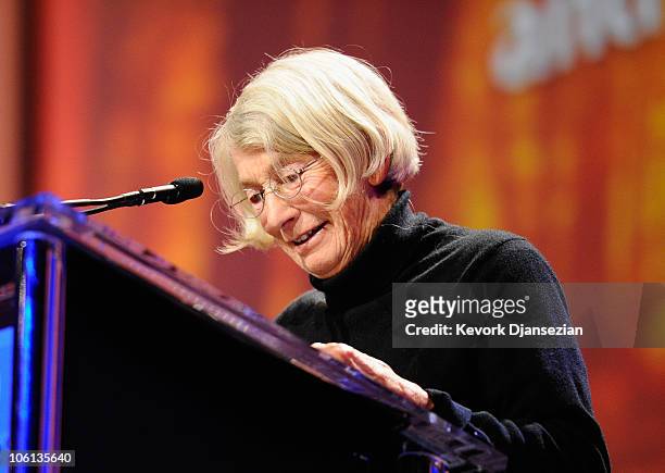 Poet Mary Oliver speaks during California first lady Maria Shriver's annual Women's Conference 2010 on October 26, 2010 at the Long Beach Convention...