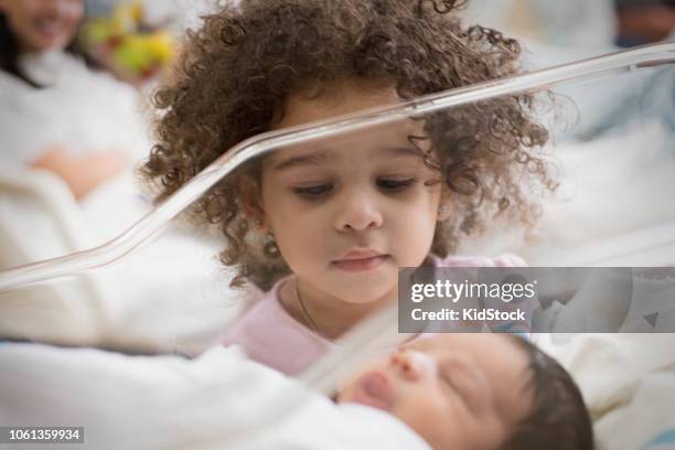 sister looking at newborn in crib at hospital - sibling hospital stock pictures, royalty-free photos & images