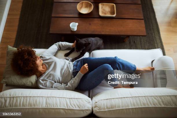 lifestyle woman with a french bulldog relaxing in living room. - small apartment stock pictures, royalty-free photos & images