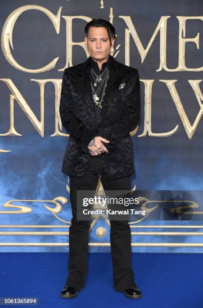 Johnny Depp attends the UK Premiere of "Fantastic Beasts: The Crimes Of Grindelwald" at Cineworld Leicester Square on November 13, 2018 in London,...