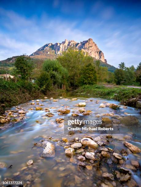 pech de bugarach, or pic de bugarach, in the corbieres mountains by the pyrenees - bugarach stock-fotos und bilder
