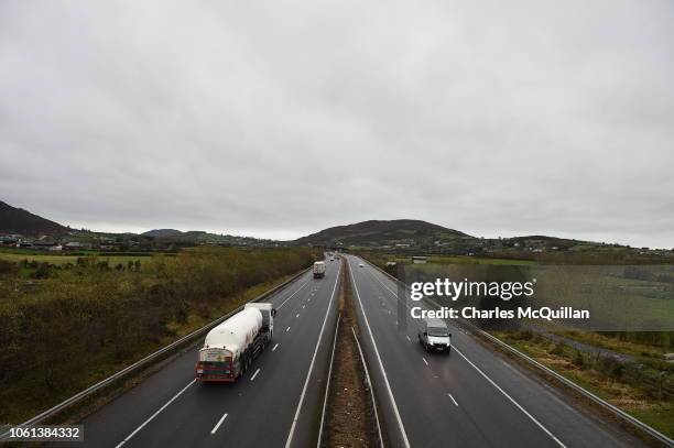 Motorway view of the Irish border on November 14, 2018 in Newry, Northern Ireland. Theresa May will today attempt to secure the backing of her...