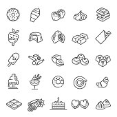 Set vector line icons in flat design chocolate, dessert, cacao and candy