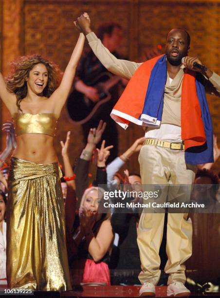 Shakira and Wyclef Jean perform "Hips Don't Lie" during The 49th Annual GRAMMY Awards - Show at Staples Center in Los Angeles, California, United...