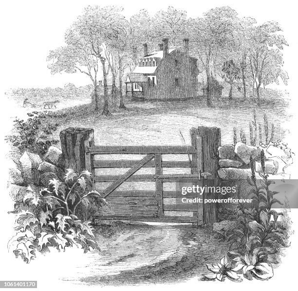 farmstead in rural illinois, usa (19th century) - illinois countryside stock illustrations