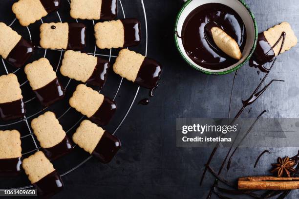 homemade chocolate dipped shortbread cookies - chocolate dipped stock pictures, royalty-free photos & images