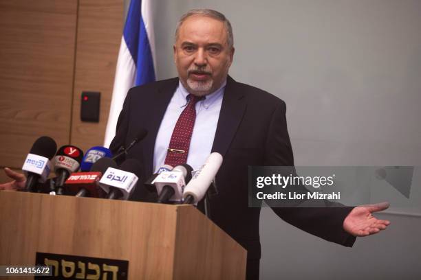 Israeli Defense Minister Avigdor Lieberman speaks during a press conference at the Israeli Parliament on November 14, 2018 in Jerusalem, Israel....