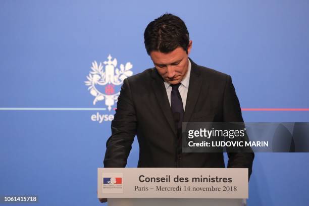 French Government's spokesperson Benjamin Griveaux reacts as he gives a press conference at the Elysee presidential Palace after the weekly cabinet...