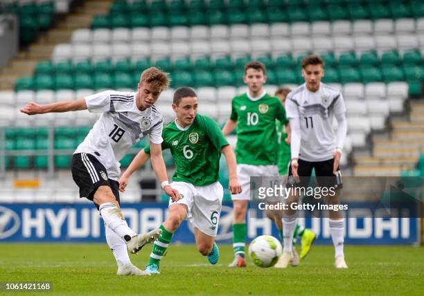 Marvin Weiß of Germany scores his side's second goal during the U17 International Friendly match between Republic of Ireland and Germany at Tallaght...