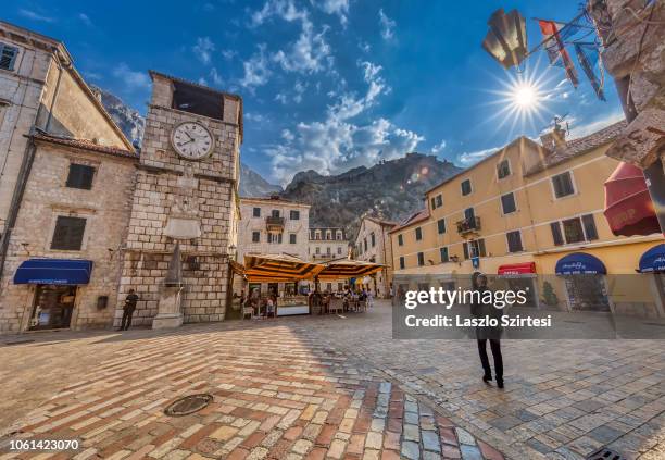 The clock tower is seen at Trg od oruzja on October 20, 2018 in Kotor, Montenegro. Kotor is one of the oldest towns at the Adriatic Sea, and it is a...