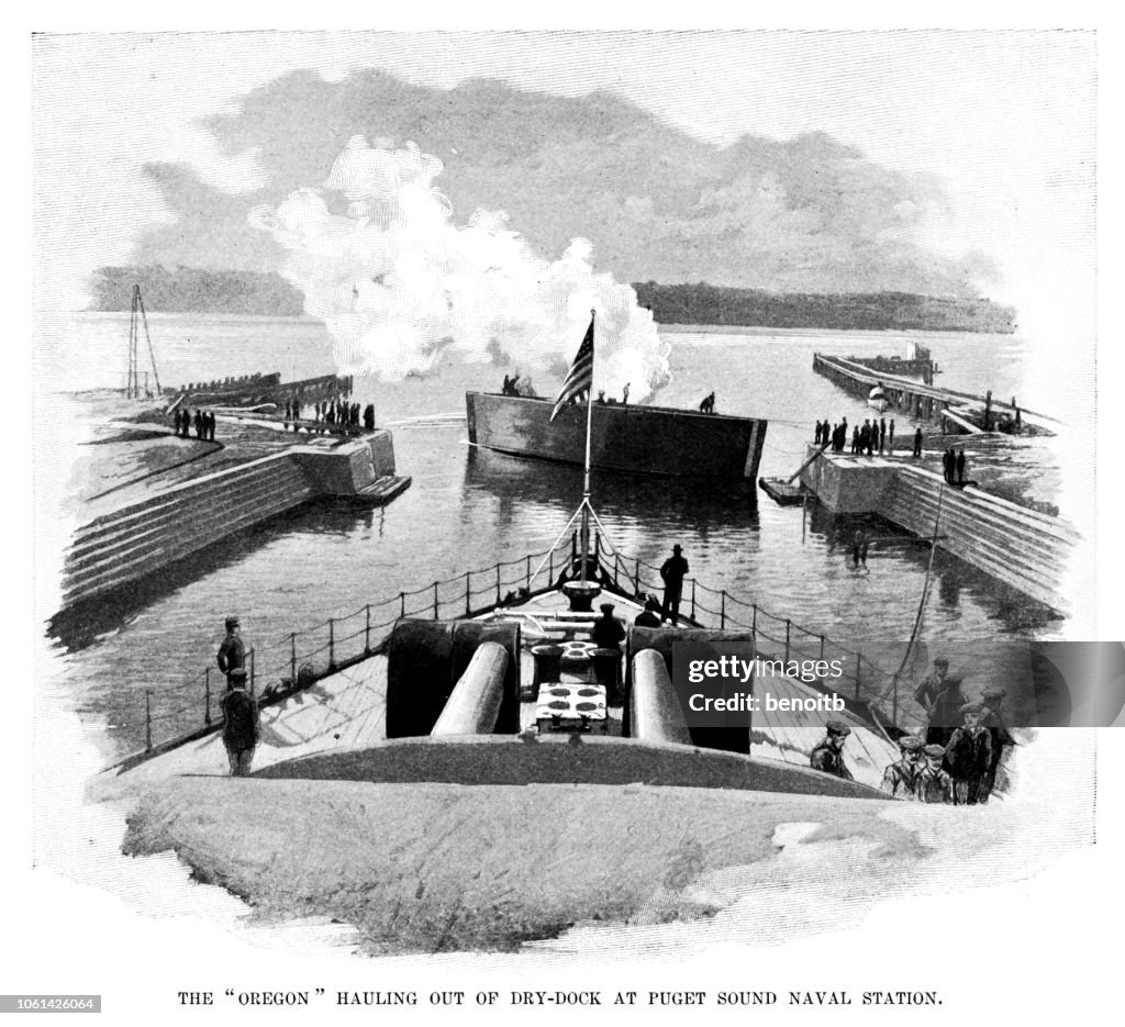 USS Oregon hauling out of dry dock at Puget Sound Naval Station