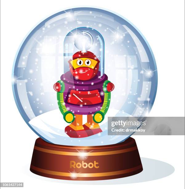 illustrazioni stock, clip art, cartoni animati e icone di tendenza di globo di neve e robot della neve - snow ball glass