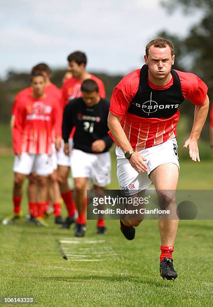 Kristian Sarkies of the Heart runs during a Melbourne Heart A-League training session at La Trobe University Sports Fields on October 27, 2010 in...