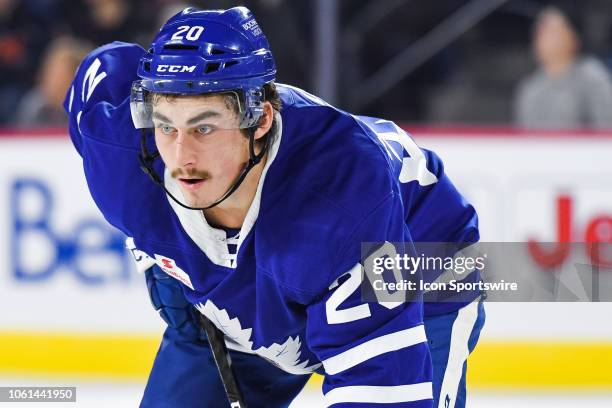 Toronto Marlies left wing Mason Marchment waits for a faceoff during the Toronto Marlies versus the Laval Rocket game on November 13 at Place Bell in...