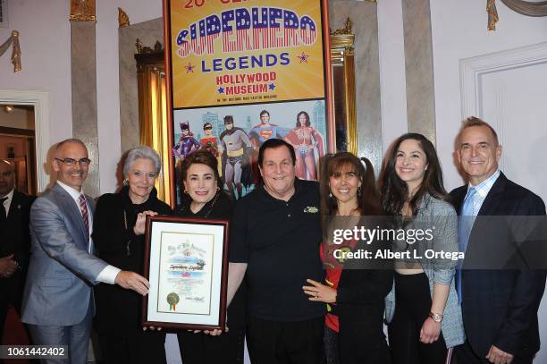 Mitch O'Farrell, Lee Meriwether, Donelle Dadigan, Burt Ward, Tracy Posne, Melody Lane Ward arrive for the 20th Century Superhero Legends Exhibit...