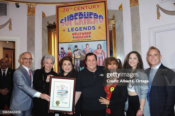 Mitch O'Farrell, Lee Meriwether, Donelle Dadigan, Burt Ward, Tracy Posne, Melody Lane Ward arrive for the 20th Century Superhero Legends Exhibit...