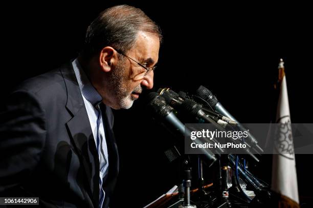 Ali Akbar Velayati, Senior adviser to the Supreme Leader of Iran in international affairs speaks during The Global Seminar of Unions of Pro-Moqawama...