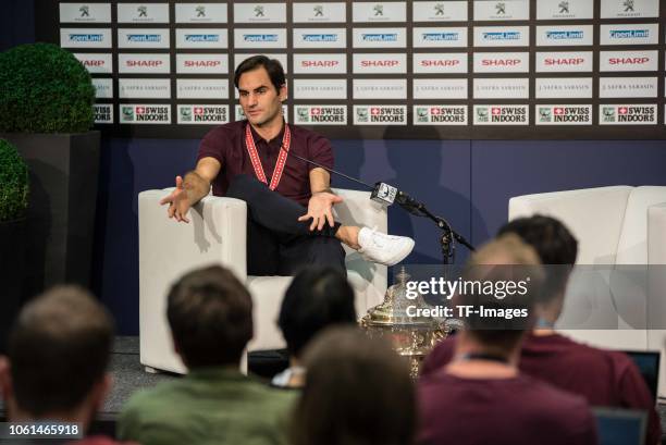 Roger Federer of Switzerland attends the press conference after the Swiss Indoors Basel tennis tournament on October 28, 2018 in Munchenstein,...