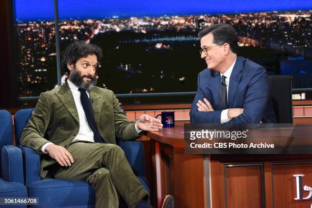 The Late Show with Stephen Colbert and guest Jason Mantzoukas during Tuesday's November 13, 2018 live show.