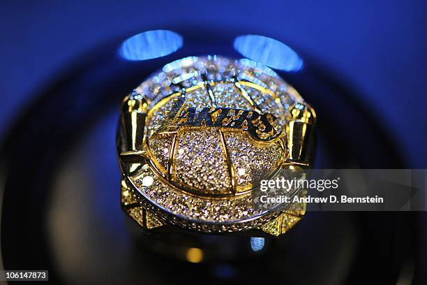 The 2009-10 NBA Championship ring is of Owner Dr. Jerry Buss of the Los Angeles Lakers shown before a game between the Houston Rockets and the Los...